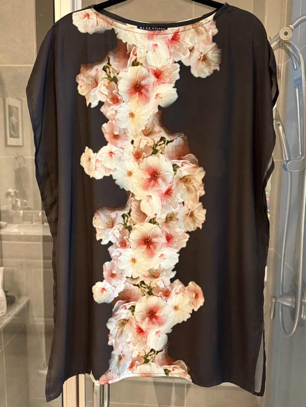 Bryn Walker Black Floral Column Tunic with Pink White Blossoms